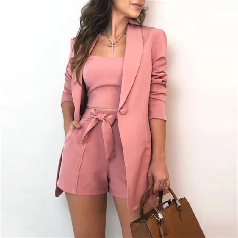 

Fashion Solid Blazer 3 Piece Suit Ladies Autumn Temperament Camisole + Long Sleeve Lapel Jacket + High Waist Lace Up Shorts Suit