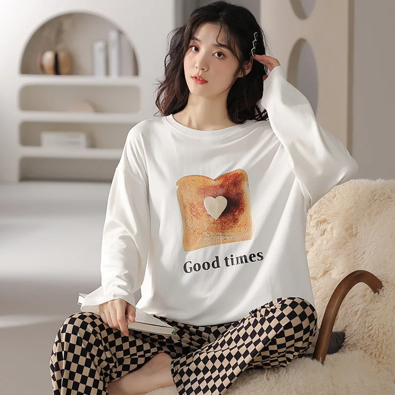 Women's Pajamas Cotton  Sleepwear Sets Women 2 Pieces Pajamas Spring Autumn  Cute Cartoon Long-Sleeved Suit Home Clothes