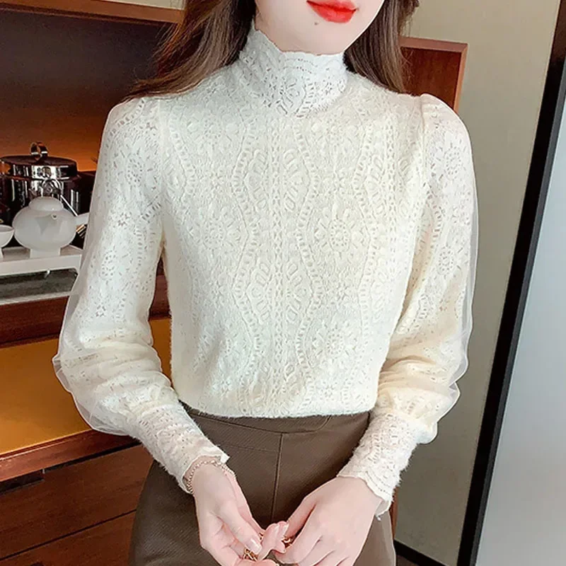 Модная кружевная женская блузка с воротником-стойкой и длинным рукавом