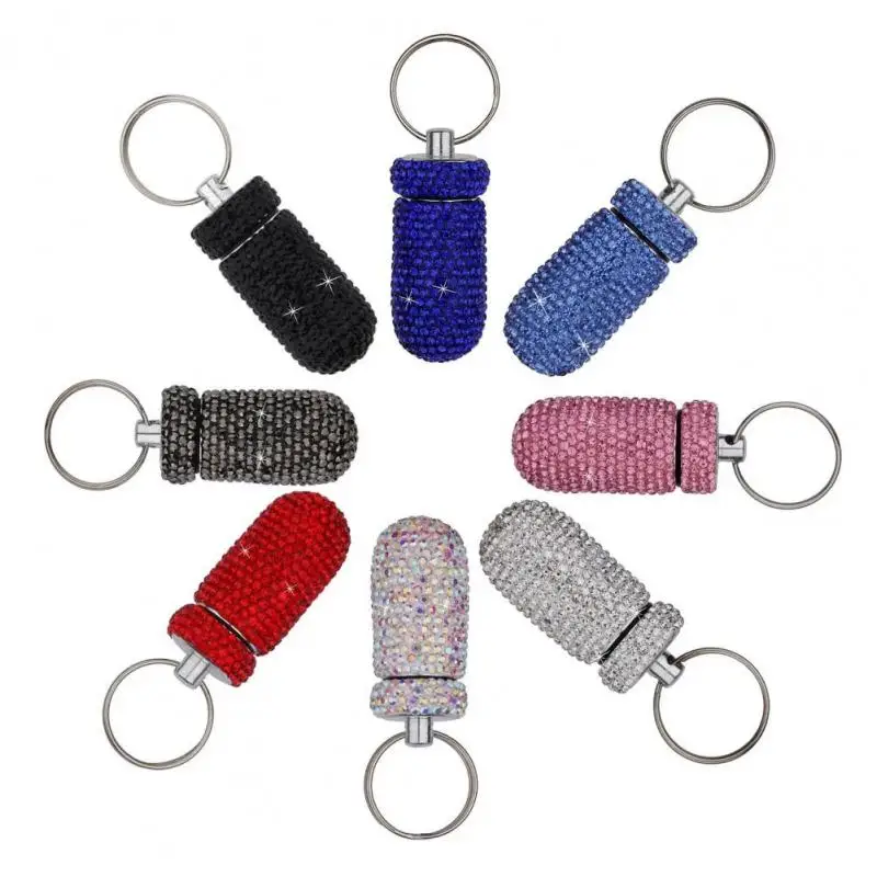 

First-aid Pills Organizer Outdoor Pocket Pill Box Portable Mini Key Chain Full Rhinestone Sturdy Aluminium Pill Case Waterproof