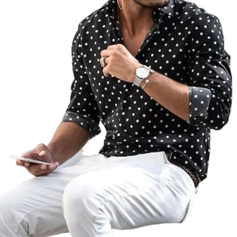 Men Clothing 2022 Polka Dot Print Shirt New Men's Fashion Street All-match Long-sleeved Lapel Men's Shirt