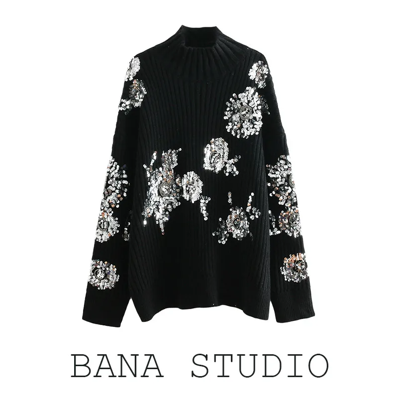 

Heavy Sequined Flower Sweater Knitted Pullover Top 2022 Autumn and Winter Fashion Sweaters Vintage Long Sleeve Pullover Ladies