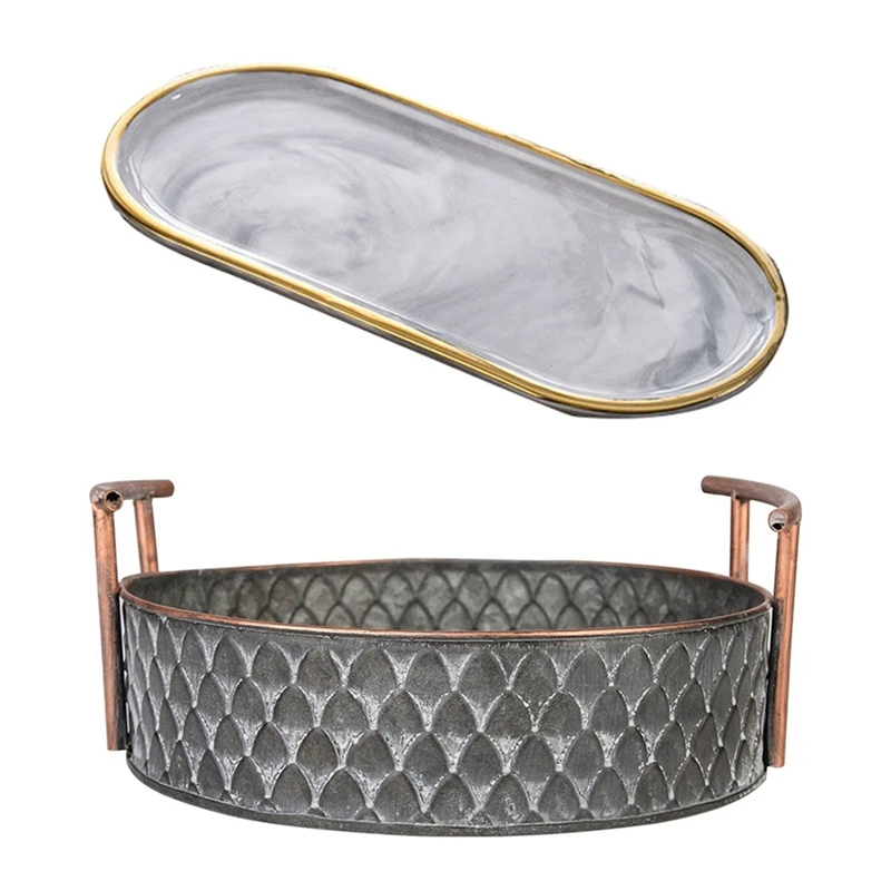 

Round Antique Decorative Trays With Handles & Gold-Plated Oval Plate Ceramic Plate Marbled Western Dish Snack Plate