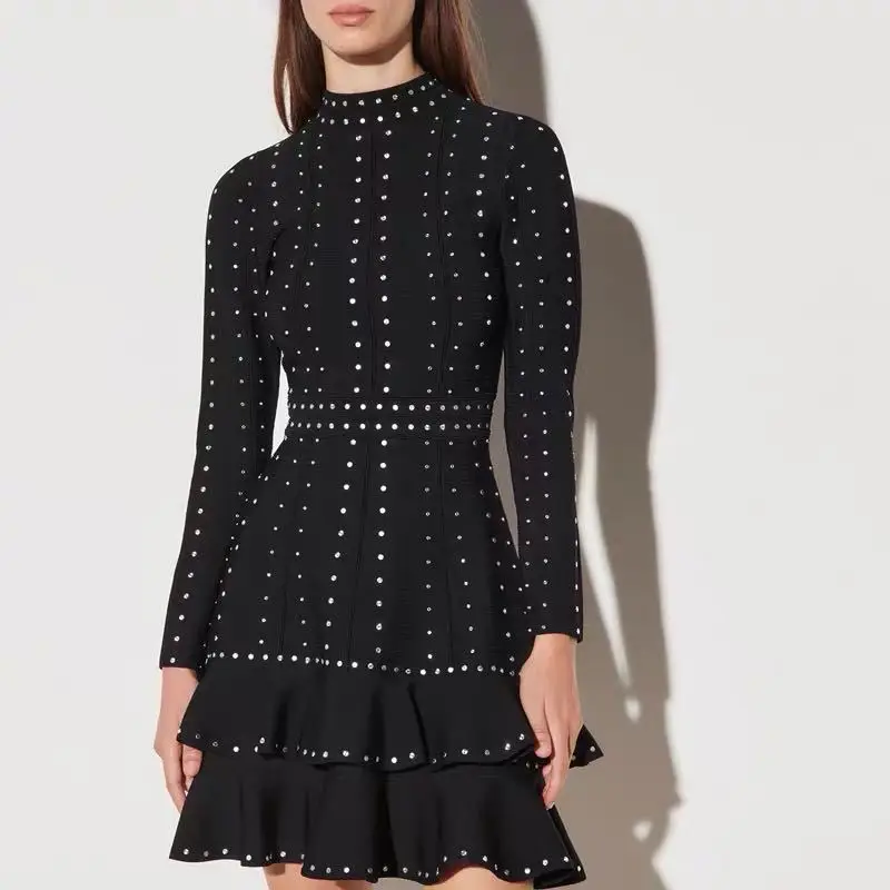 

Black Round Neck Lotus Leaf Dress 2023 Summer New Handmade Nail Bead Sequins Waist Knitted Dress A -line Skirt Free Shipping