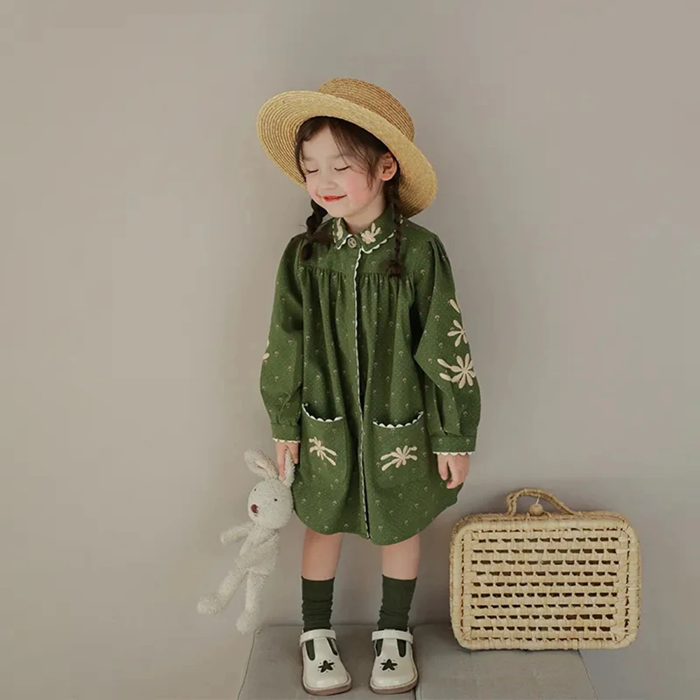 Toddler Kids Green Embroid Shirt Dresses for Girls Cute Long Sleeve Casual Dress with Button 1-10 Years Children's Clothing 6 8