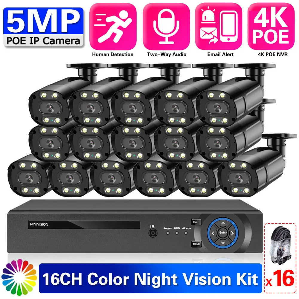 

Face Detection Video Surveillance IP POE Camera Set 4K 16CH NVR 5MP Camera Kit Color NightVision CCTV Security Camera System P2P