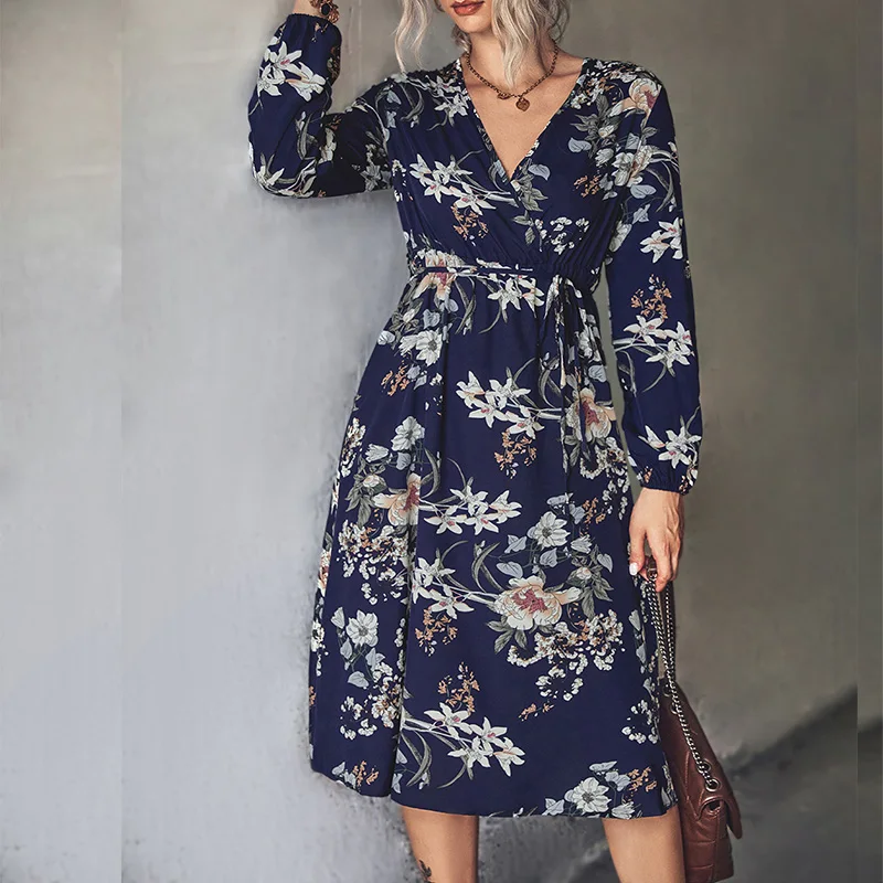 

YEMOGGY Floral Print Dresses Women Spring Dresses 2022 New Autumn V-neck Folds High Waist Lace Up Full Sleeve Midi A-line Dress
