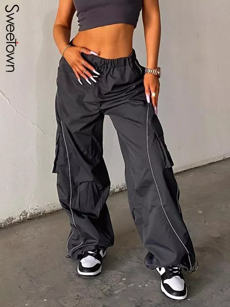 

Sweetown Hippie Baggy Trousers Women Side Pockets Streetwear Cargo Pants Contrast Stitching Casual Loose Wide Leg Sweatpants