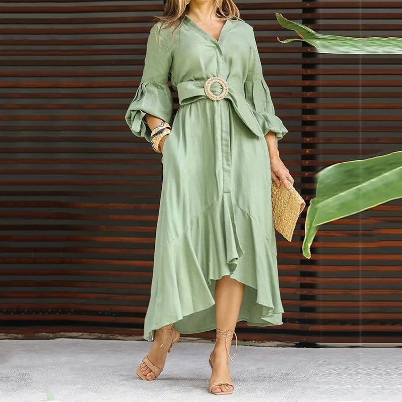 

SUJYing Green Dress Western Dress Fashion Casual Full Sleeve V-Neck Lapel Solid and Pocket Long Dress
