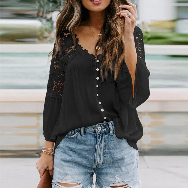 

Elegant Fashion Hollow Out Lace Shirts Women's Clothing 2022 Autumn Winter New Office Ladie V-neck Lantern Sleeve White Blouses