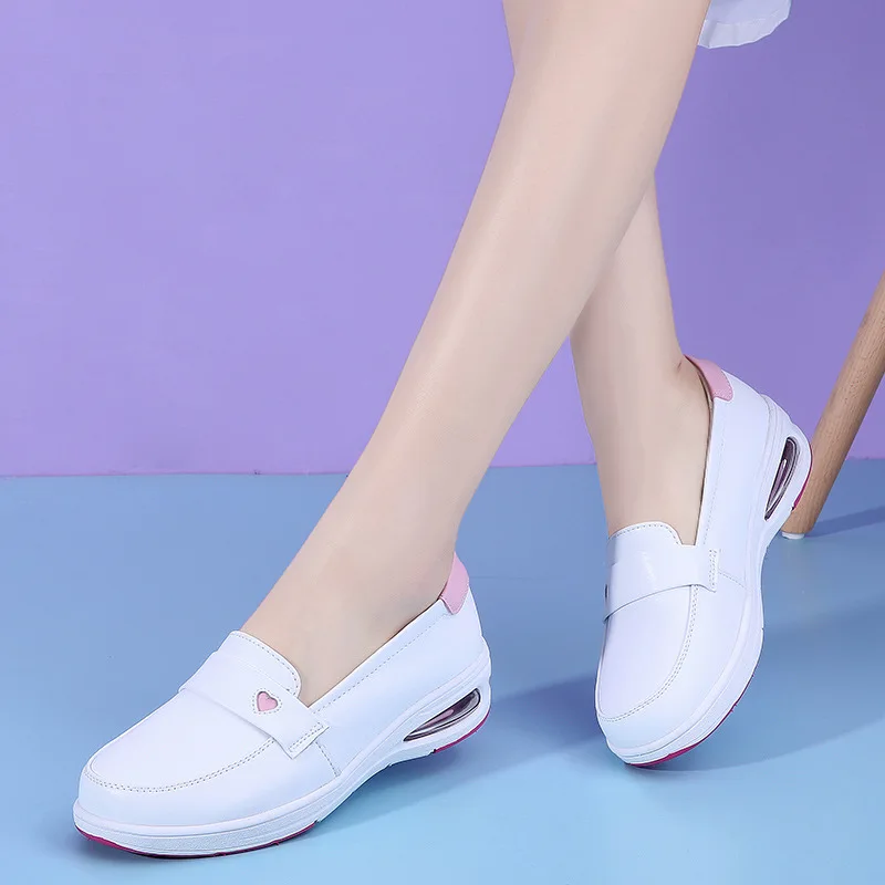 

Spring Cowhide EVA Sole White Nurse Shoes Comfortable Wedge Heels Hospital Small White Shoes