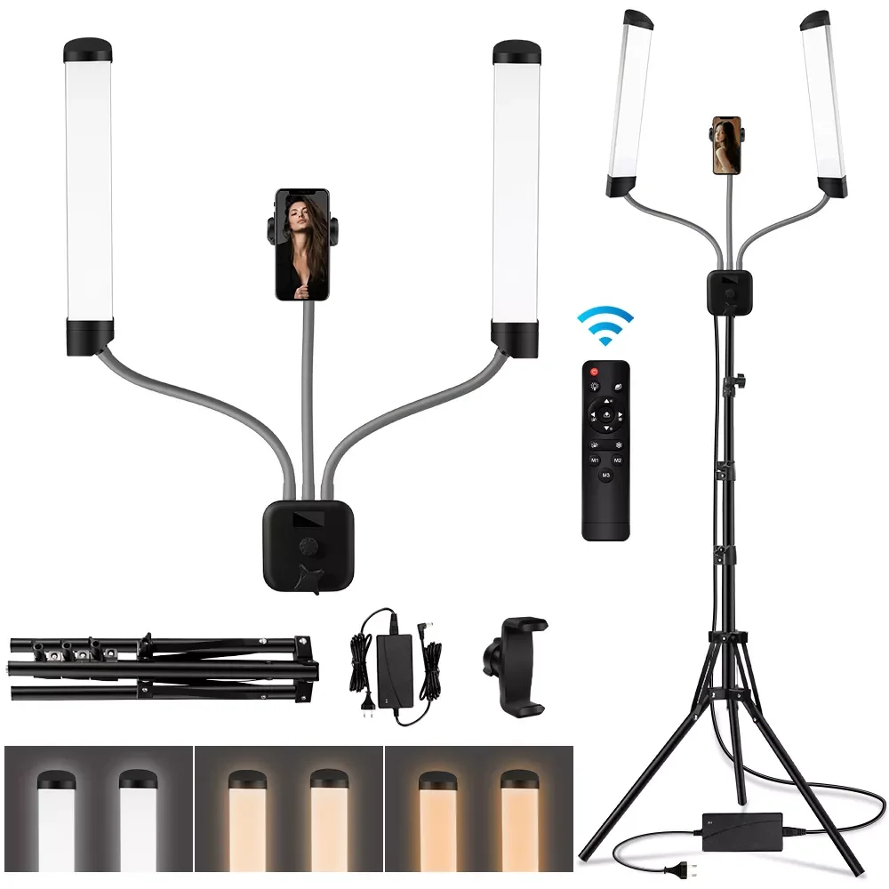 

LED Double Arms Photography Light Long Strips Fill Light with 200cm Tripod Stand LCD Screen 3000K-6000K Live Broadcast Lighting