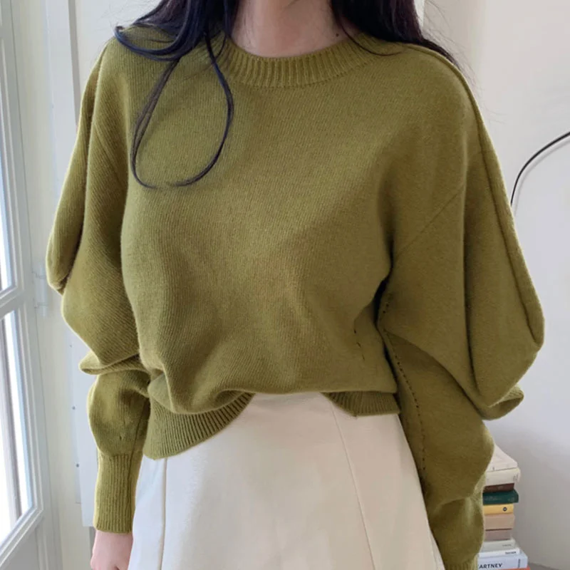 

Вязаный зеленый свитер, пуловер, корейские шикарные осенне-зимние однотонные куртки 2022, топы с круглым вырезом, повседневные женские Топы с ...