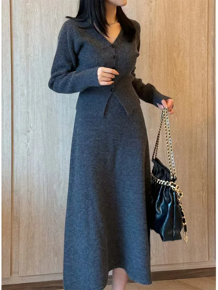 Элегантный женский офисный костюм UCXQ кардиган с V-образным вырезом свитер юбка