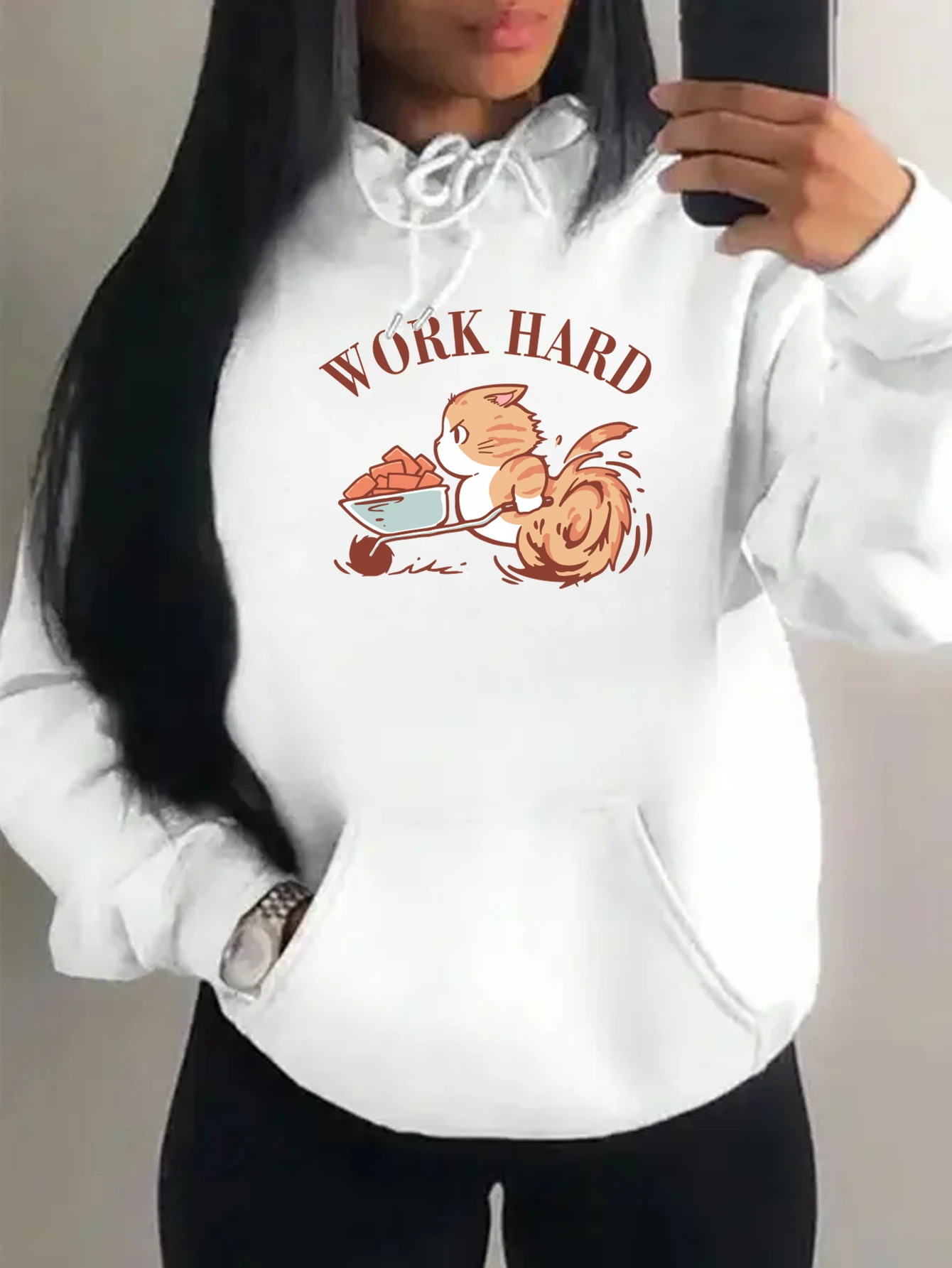 Work Hard Fighting Cat Cartoons Design Women Hoody Fashion Fleece Hoodie Autumn Y2K Pocket Pullover Multicolor Unisex Streetwear
