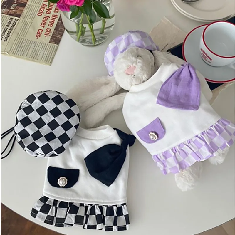 

Одежда для домашних животных, Мультяшные платья, одежда для собаки, маленький костюм, шахматный принт для собак, милая весенне-осенняя одежд...