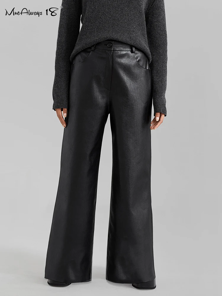 

Mnealways18 Classic Black Faux Leather Pants Women High Waist Wide Leg PU Pants Office Ladies Floor-Length Office Ladies Trouser