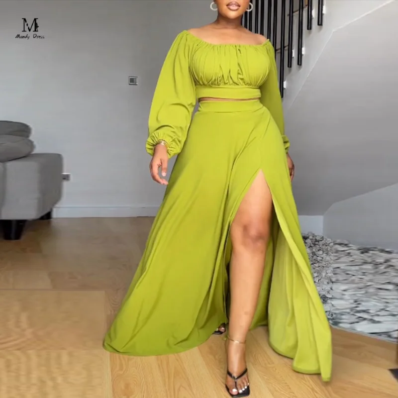 

Sexy Women Set Crop Tops and Split Skirt Outfits 2023 Fall Solid Elegant Off Shoulder Designer Fashion 2 Two Piece Suit