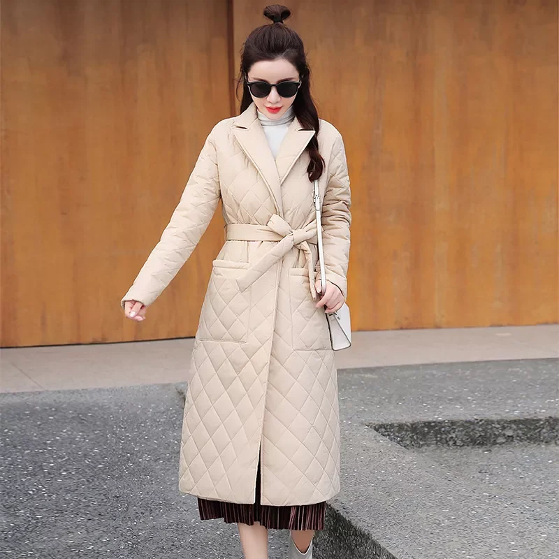2022New new Woman Jacket Parkas Belted space cotton diamond plaid Coat down Women's over the Knee Winter Clothing Coat