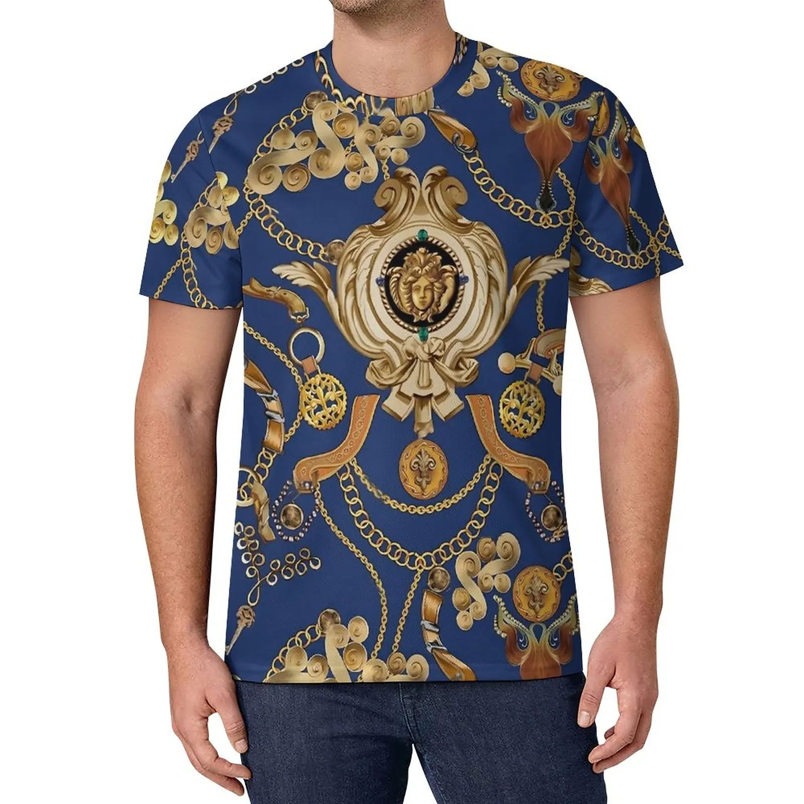 

Golden Chain T-Shirt Retro Baroque Awesome T-Shirts Crew Neck Hip Hop Tshirt Summer Male Pattern Tees Plus Size