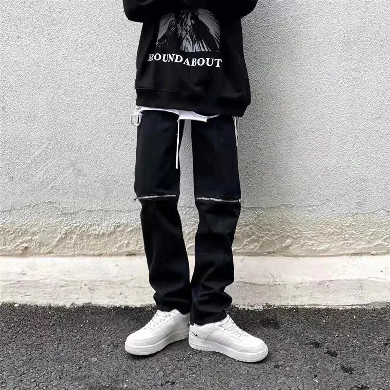 2022 Vibe Style Knee Zipper Hip Hop Men Slim Jeans Trousers Dark Streetwear Simple Design Y2K Casual Long Pants Goth Moda Hombre