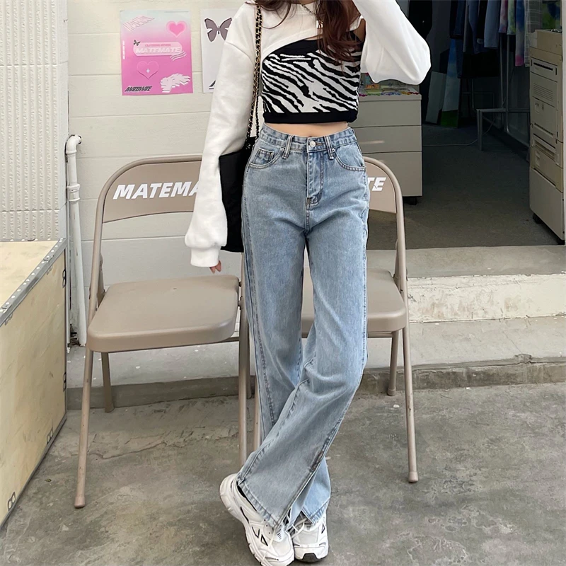 

DD2039 Slit Jeans Ladies New High Waist Thin Wide Leg Pants Design Straight Long Pants Jeans