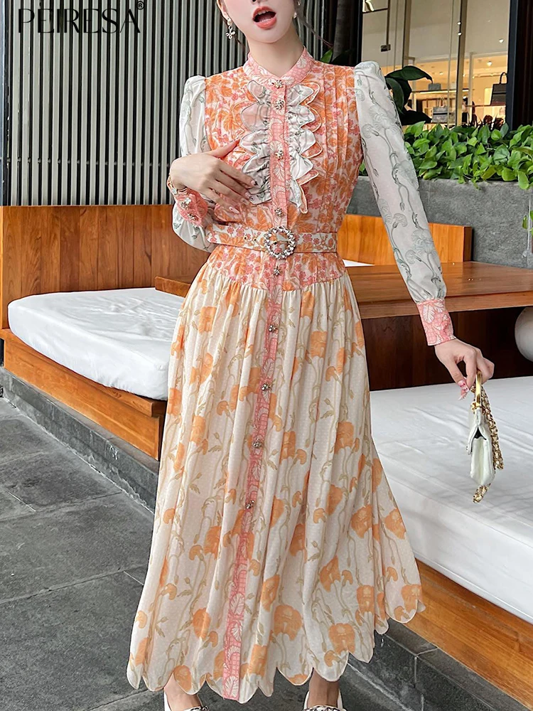 

PEIRESA 2023 Early Autumn New Vintage Floral Print Holiday Dress Women Stand Collar Puff Sleeve Pleated Ruffles Long Dresses