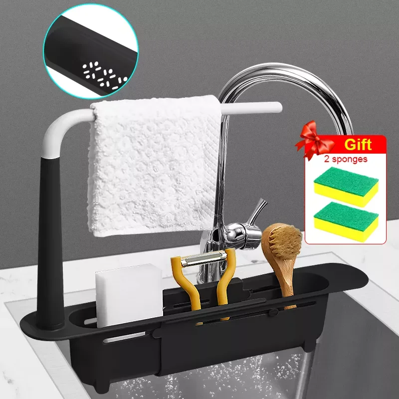 

NEW2023 Kitchen Sink Organizer Telescopic Sink Shelf Drainer Rack Storage Basket Soap Sponge Storage Towel Rack Adjustable Sink