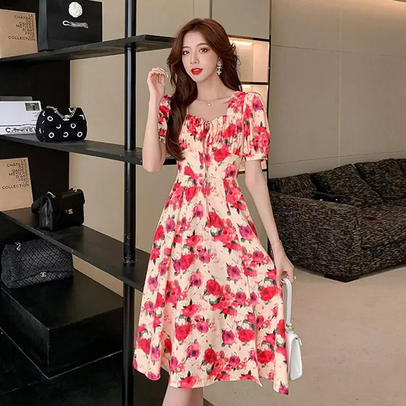 

2022 New Summer Women's Floral Midi Dress French Retro Slim Lady Temperament A-line Skirt Mature Commuter Senior Ladies Clothing