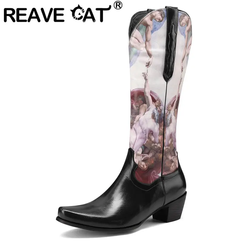 

REAVE CAT Cowboy Cowgirl Western Boots for Women Block Heels 5cm Slip On Mixed Outdoor Female Casual Booties Plus Size 46 47 48