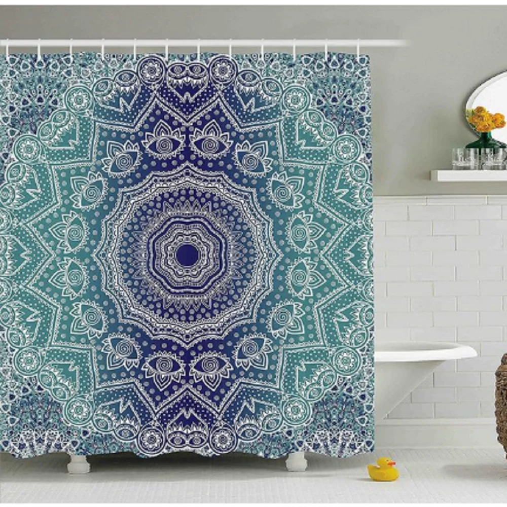 

Navy and Teal Shower Curtain Ombre Mandala Old Art Effects Bohemian Pattern Bathroom Waterproof Fabric with Hooks Bath Curtains