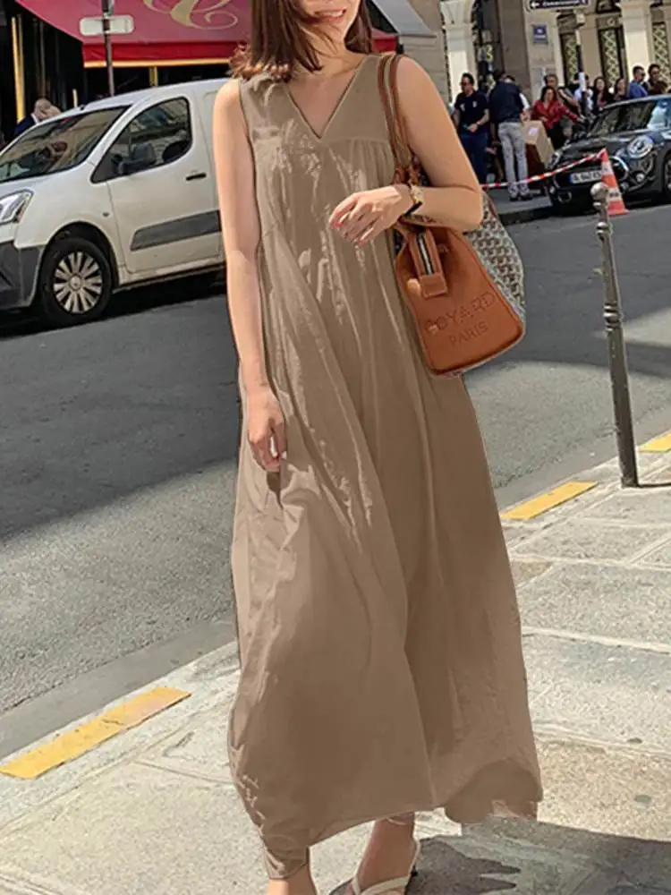 

Elegant Women Solid Sundress ZANZEA Summer Sleeveless Dresses Fashion V Neck Long Dress Holiday Vestidos Work Robe Oversized
