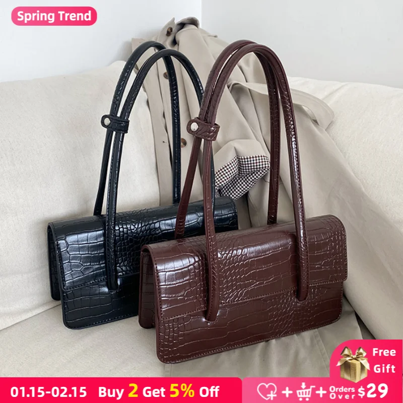 

Crocodile Pattern Women Shoulder Bags Luxury PU Leather Ladies Small Tote Purse Handbags Vintage Solid Color Female Underarm Bag