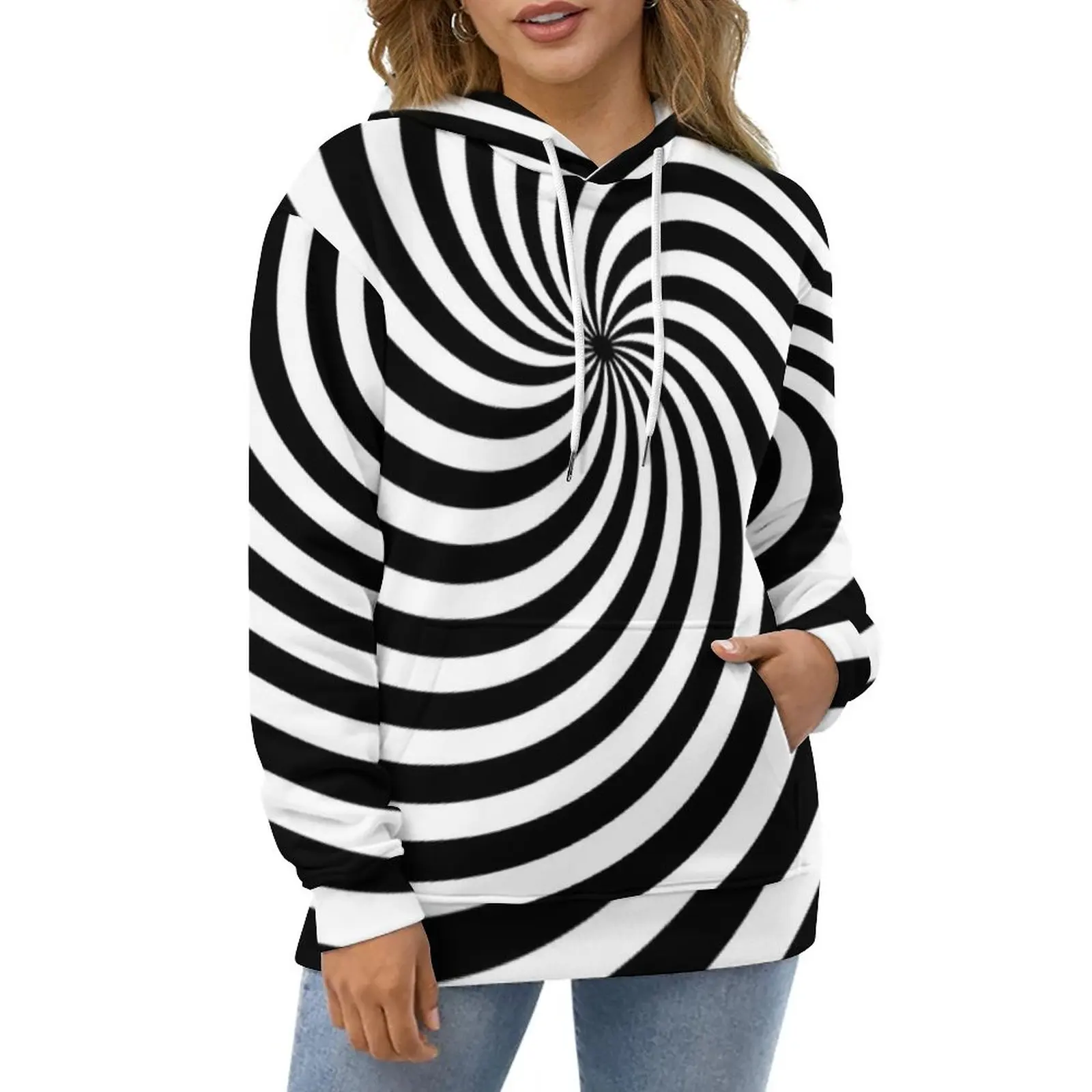 

Black And White Line Hoodies Unisex Pop Art Spiral Hip Hop Casual Hoodie Autumn Long Sleeve Kawaii Custom Sweatshirts Big Size