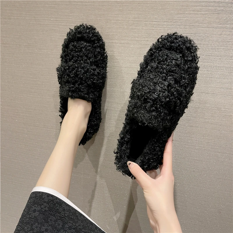 Luxury Lambwool Moccasins Femme Winter Cotton Shoes Women Warm Plush Loafers Comfy Curly Sheep Fur Flats Woman Muller Shoes