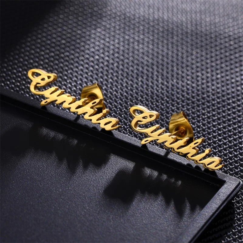 

1 Pair Personalized Custom Name Earrings For Women Customize Initial Cursive Nameplate Stud Earring Gift For Best Friend Girls