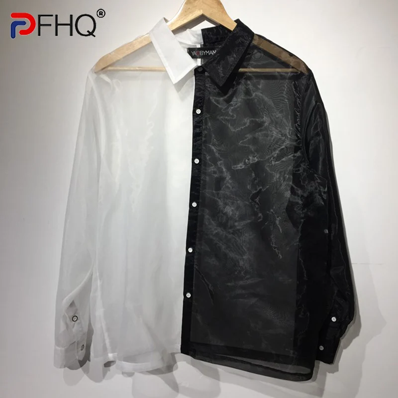 

PFHQ Asymmetric Color Contrast Splicing Niche Design Men's Shirts High Quality Trendy 2023 Spring Personality Tops Original New