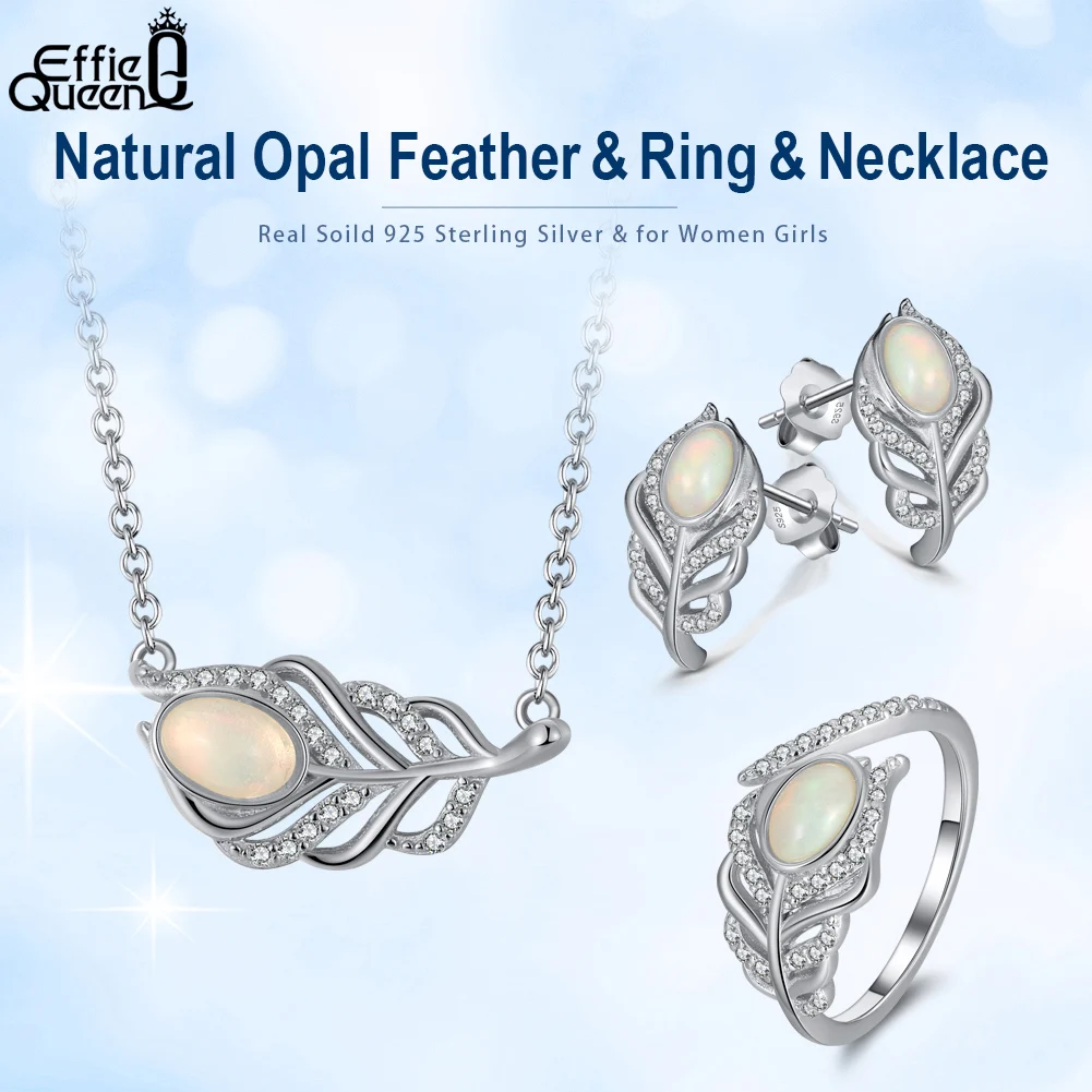 Effie Queen Genuine Gemstone Natural Opal Necklace Soild 925 Silver Feather Pendant 14K Gold Plated Women Jewelry GMN02 |