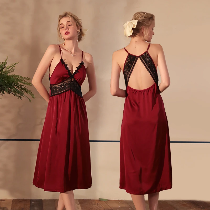 Новая женская пижама из ледяного шелка длинная ночная рубашка с вырезами