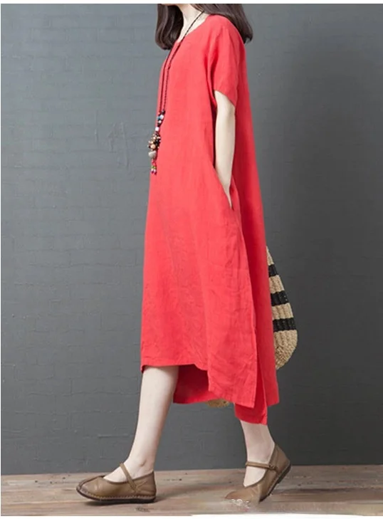 

Explosive plain cotton and linen simple casual round collar short sleeve dress