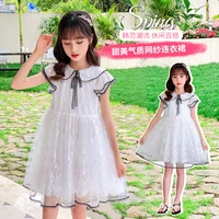 2022 new summer teens kids baby girls dress bow mesh lace white princess layered short dresses embroidery clothes 5 8 10 12 year