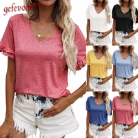 women summer fashion solid color v neck refreshing ruffled short sleeve top lady popularity loose casual multicolor youth t shir