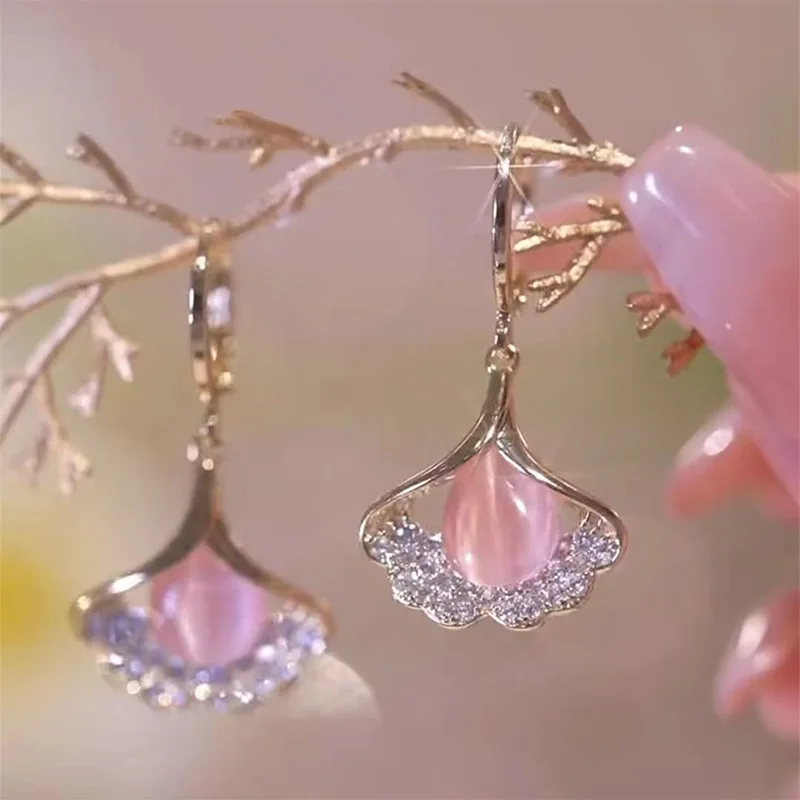 Boucles d'oreilles bohème en opale rose pour femmes  bijoux en Zircon brillant  en forme de feuille