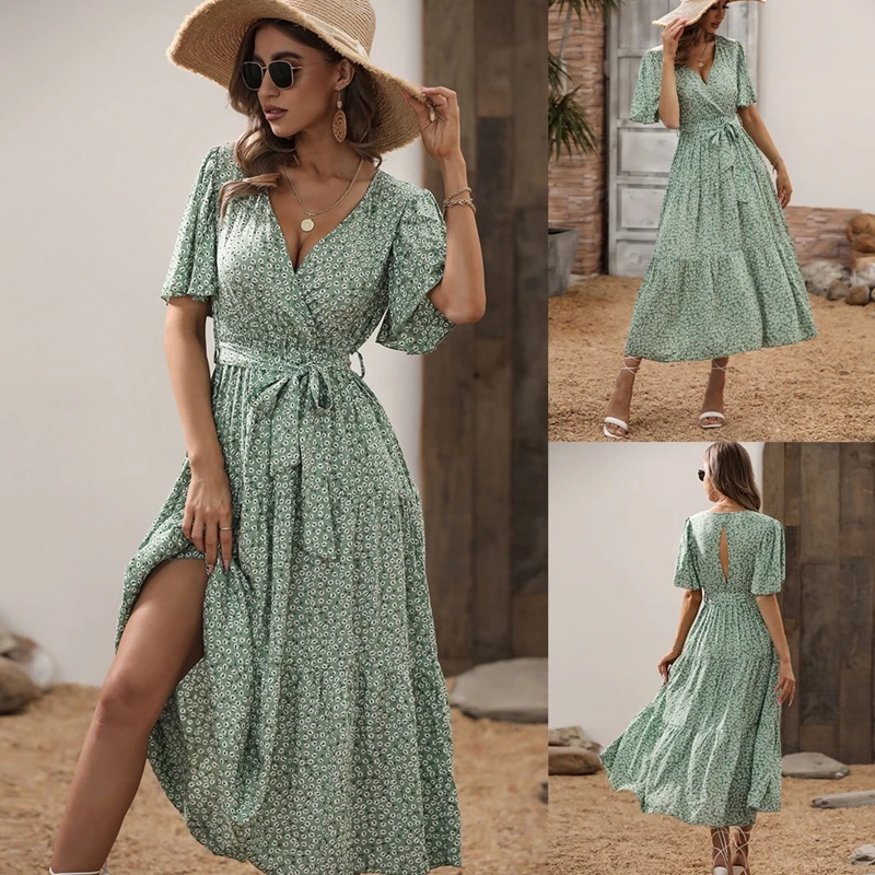 

Women Flare Short Sleeve Floral Print Midi Long Flowy Dress Sexy Wrap V-Neck Hollow Out Backless Belted High Waist Ruffle Hem