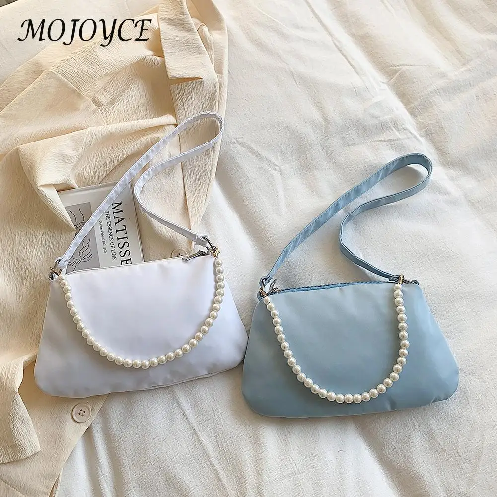 

Women Nylon Underarm Shoulder Bags Solid Color Pearl Small Handbags Clutch Fashion Simple Shoulder Bag Underarm Bags For Women