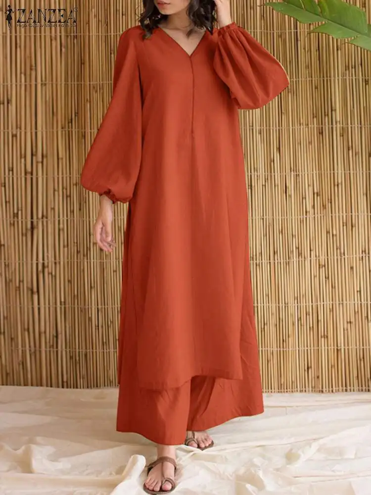 

ZANZEA 2023 Spring Wide Leg Trouser 2pcs Outfits Causal Loose Solid Puff Sleeve Pant Sets Holiday Side Slit Long Blouse Pantsuit