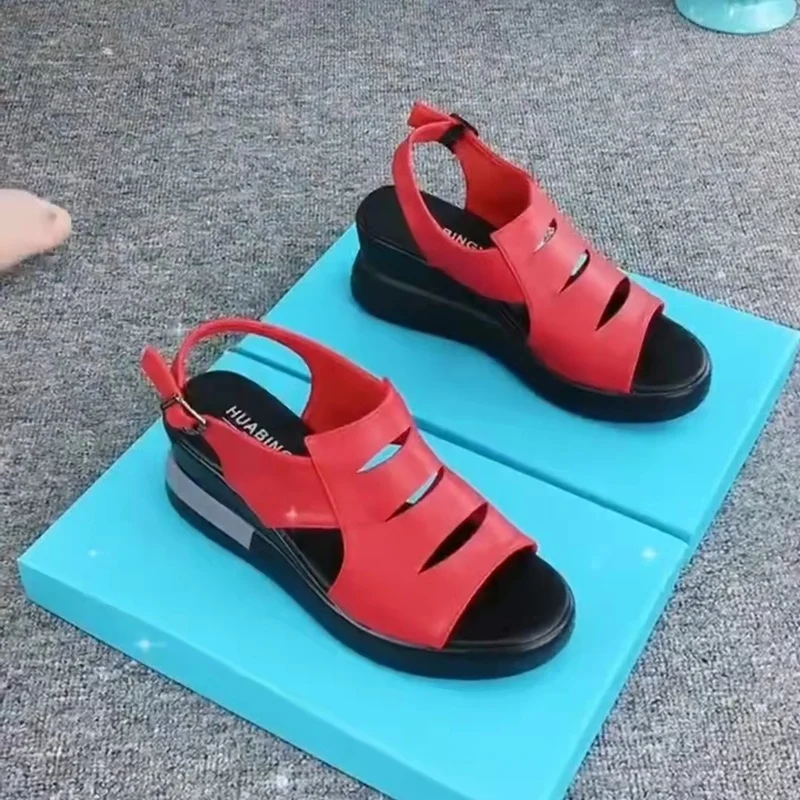 

2022 Summer Fish Mouth Sandals Ladies Casual One-Line Buckle Wedge Sandals Thick Sole Solid Color Buckle Tower Open Toe Sandals