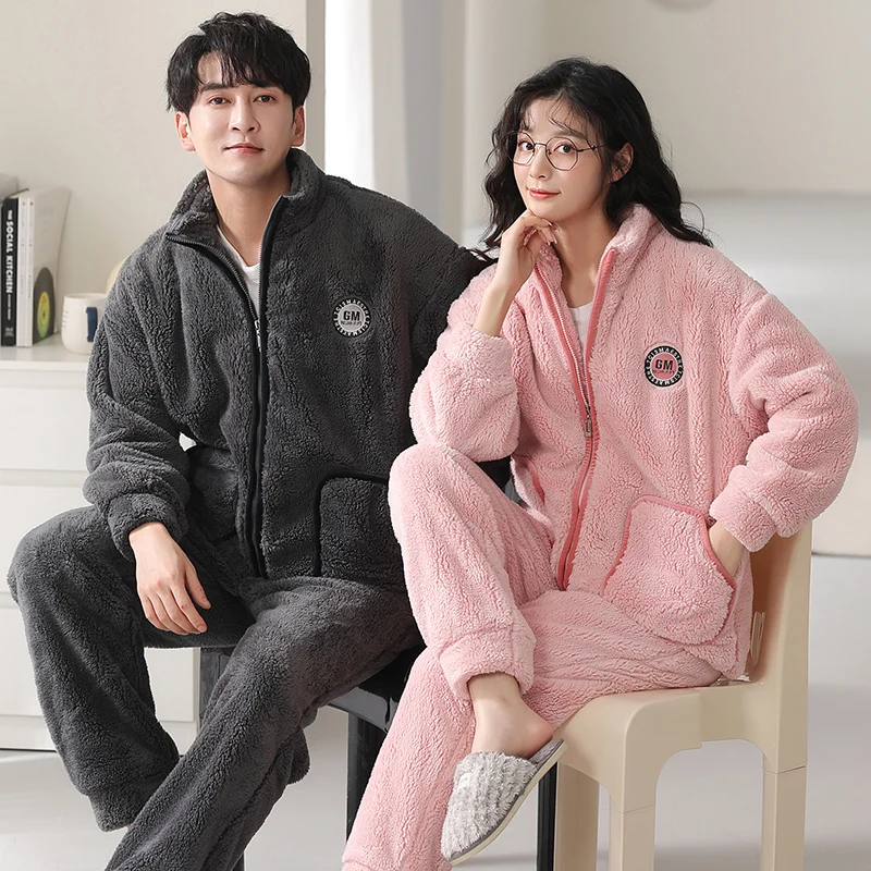 Новейший пижамный комплект для пар женская и мужская одежда сна на молнии