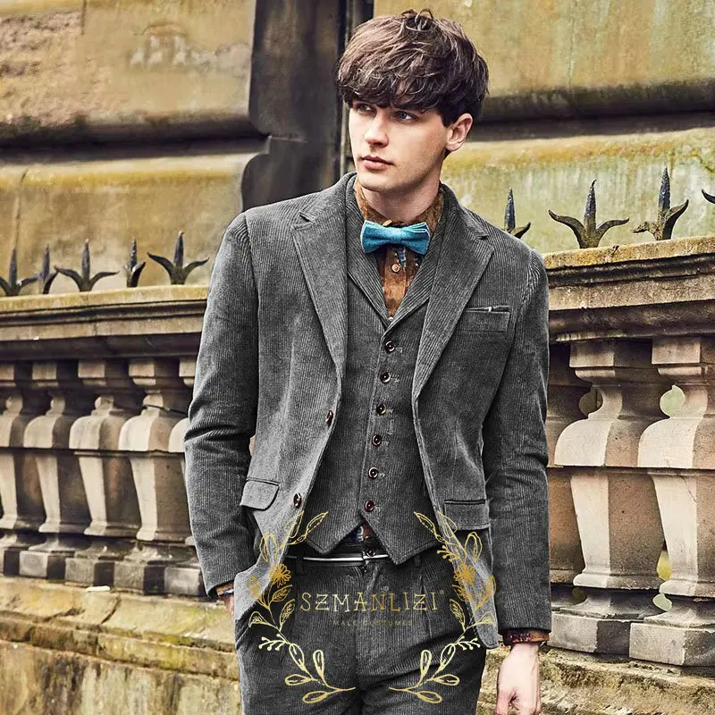 Фото Костюм Homme, коричневый вельветовый винтажный мужской костюм, комплект из 3-х предметов на заказ, свадебный смокинг жениха на заказ, облегающий пиджак для выпускного вечера, жилет, брюки №4