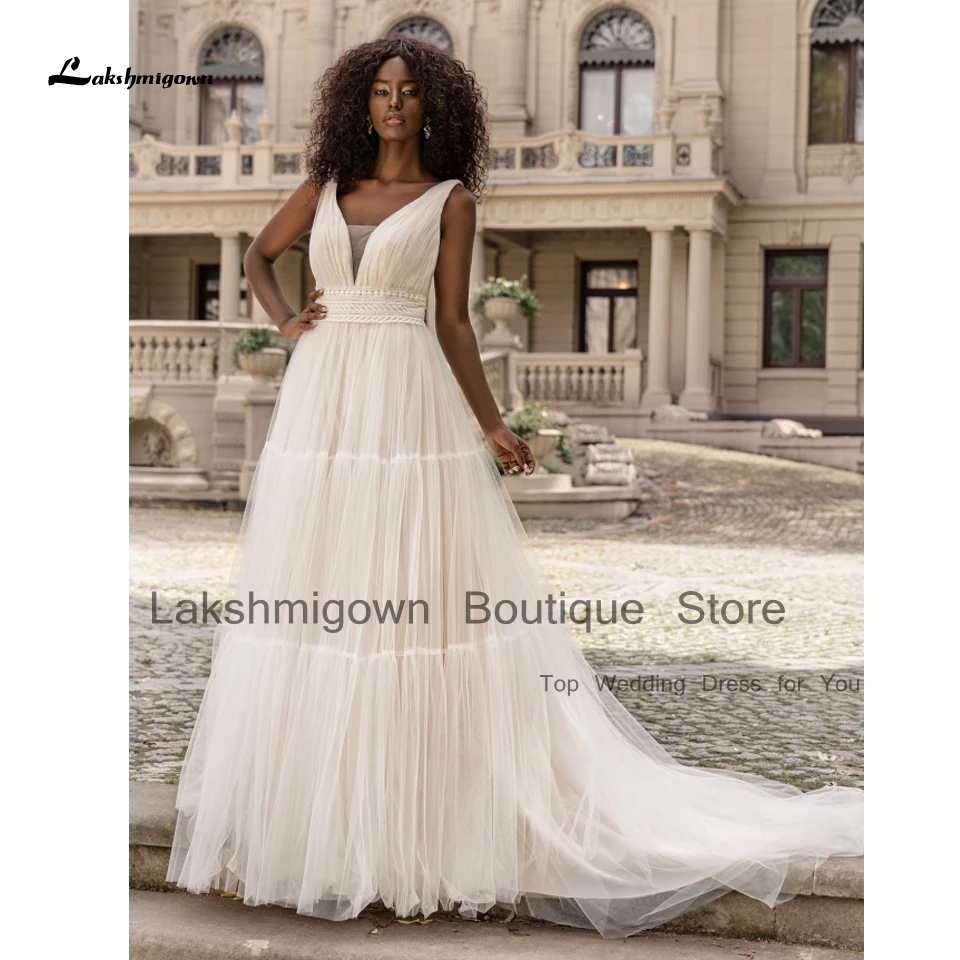 

Lakshmigown Flowing Bridal Beach Wedding Dress Summer 2023 A Line V Neck Sexy Women Boho Wedding Gowns Backless